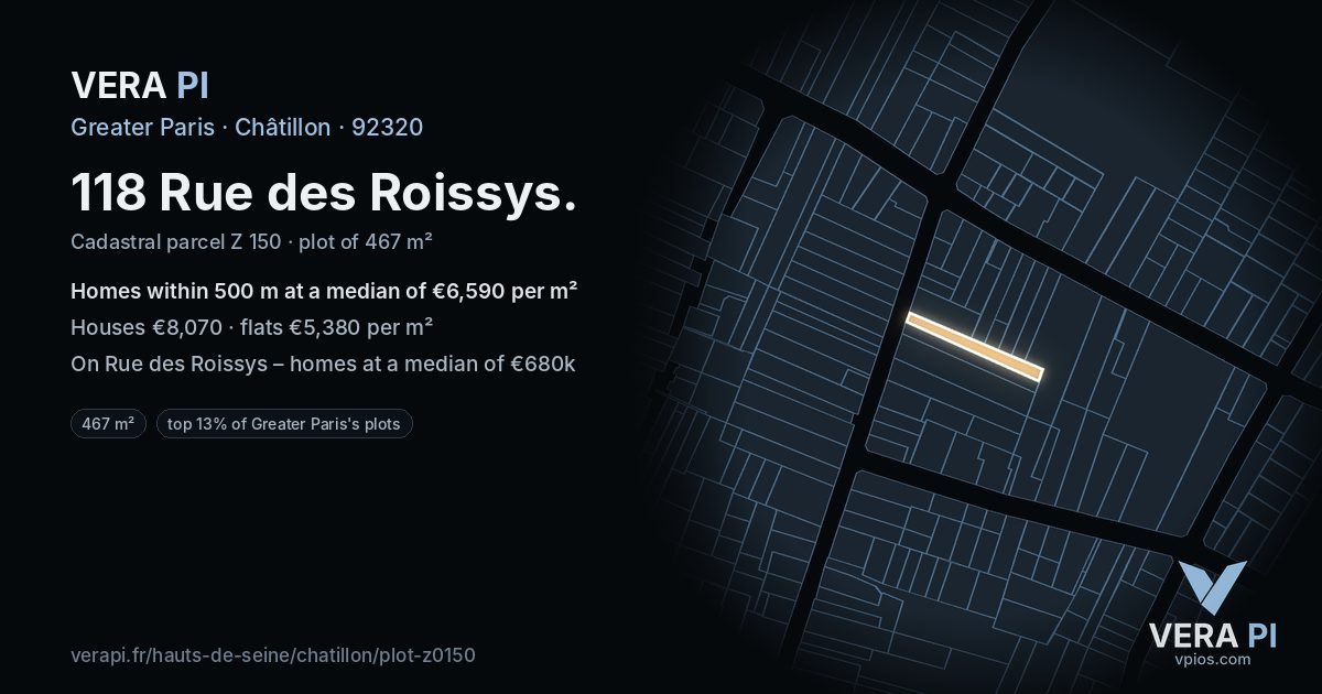 118 Rue des Roissys, Châtillon at night – the plot lit, the parcels around coloured by the prices near them
