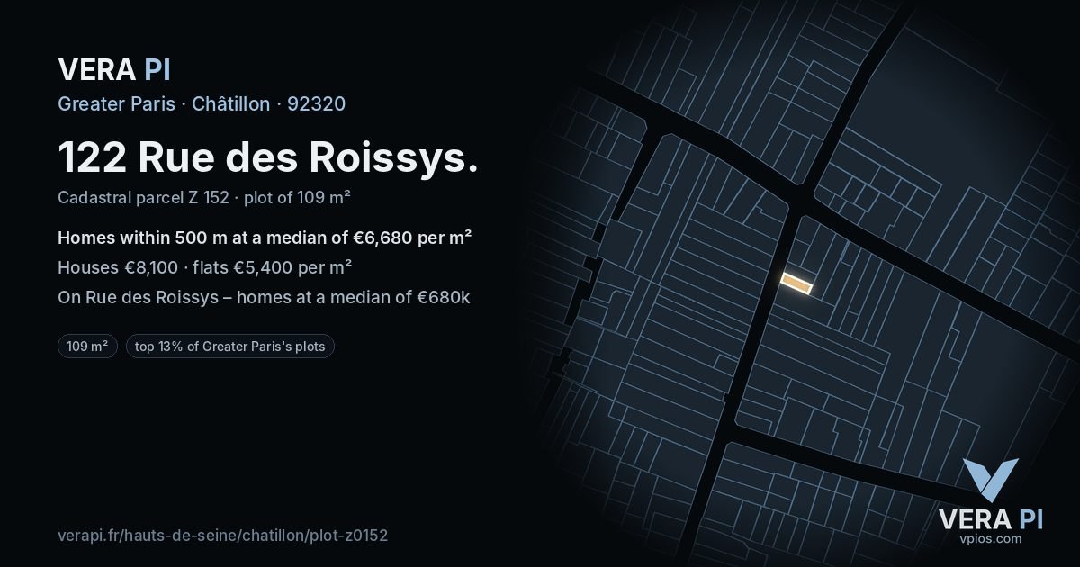 122 Rue des Roissys, Châtillon at night – the plot lit, the parcels around coloured by the prices near them