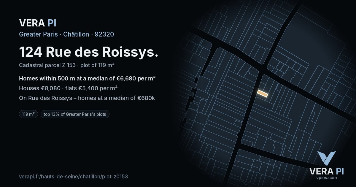 124 Rue des Roissys, Châtillon at night – the plot lit, the parcels around coloured by the prices near them