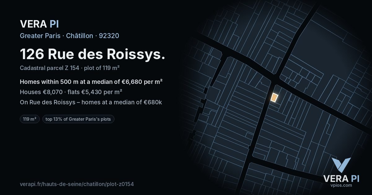 126 Rue des Roissys, Châtillon at night – the plot lit, the parcels around coloured by the prices near them
