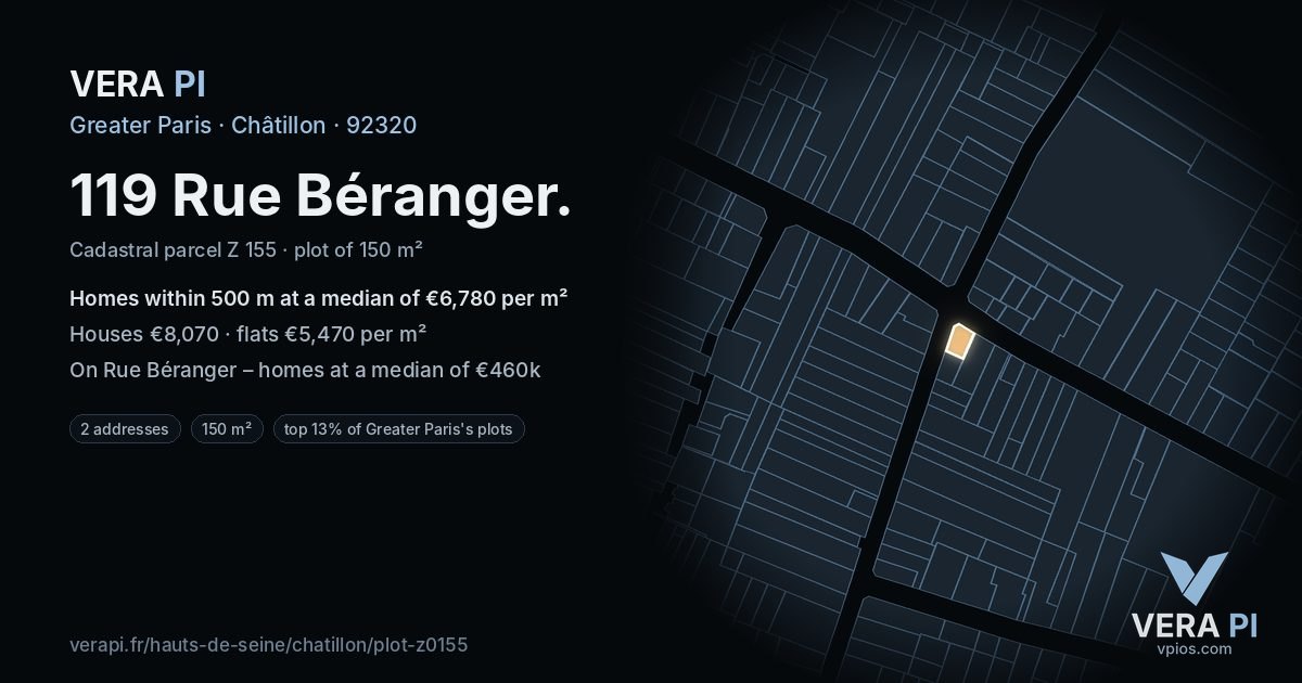 119 Rue Béranger, Châtillon at night – the plot lit, the parcels around coloured by the prices near them