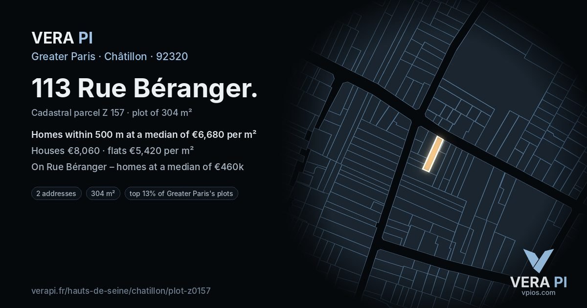 113 Rue Béranger, Châtillon at night – the plot lit, the parcels around coloured by the prices near them