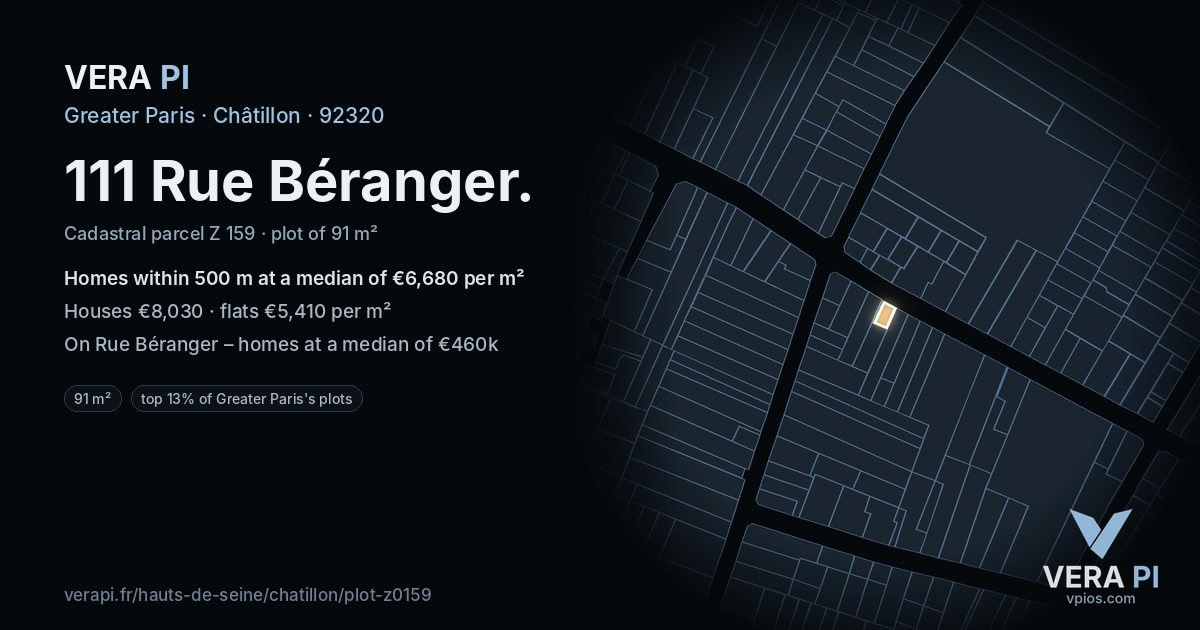 111 Rue Béranger, Châtillon at night – the plot lit, the parcels around coloured by the prices near them