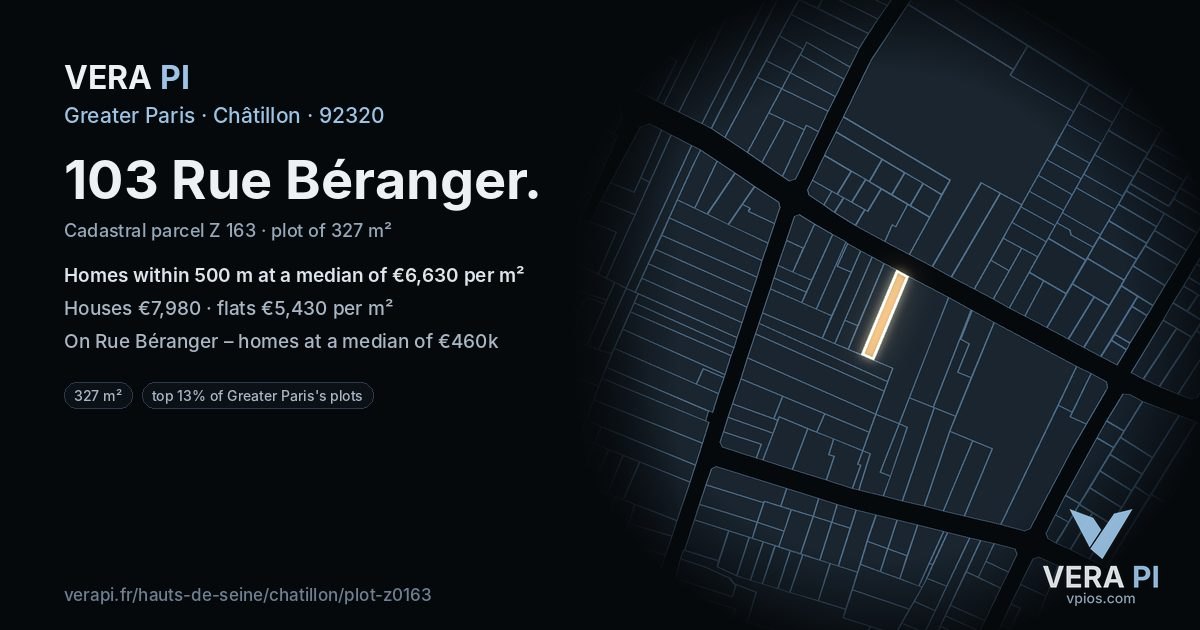 103 Rue Béranger, Châtillon at night – the plot lit, the parcels around coloured by the prices near them