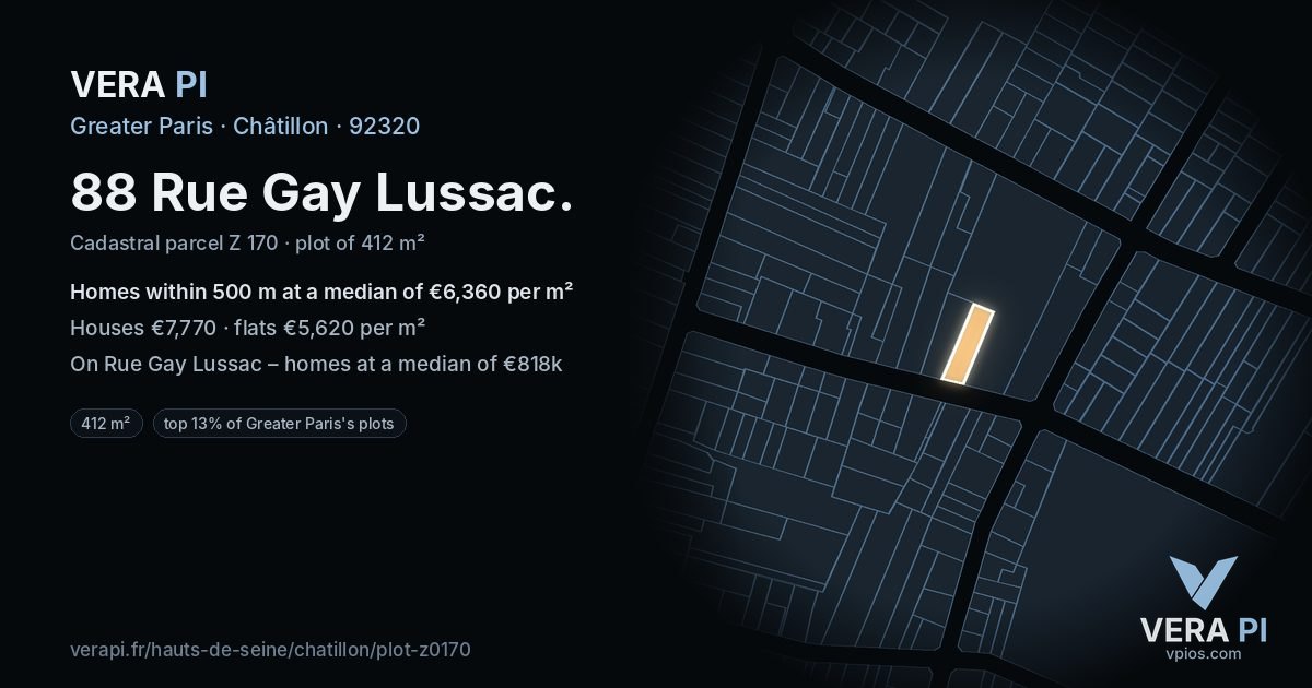88 Rue Gay Lussac, Châtillon at night – the plot lit, the parcels around coloured by the prices near them