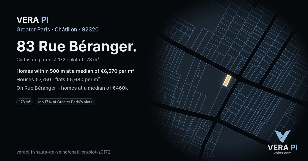 83 Rue Béranger, Châtillon at night – the plot lit, the parcels around coloured by the prices near them