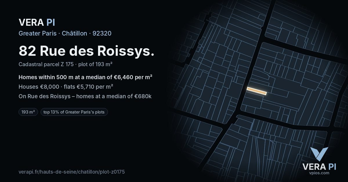 82 Rue des Roissys, Châtillon at night – the plot lit, the parcels around coloured by the prices near them
