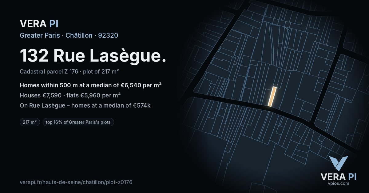 132 Rue Lasègue, Châtillon at night – the plot lit, the parcels around coloured by the prices near them