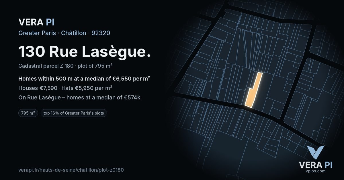 130 Rue Lasègue, Châtillon at night – the plot lit, the parcels around coloured by the prices near them