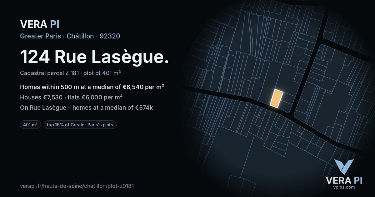 124 Rue Lasègue, Châtillon at night – the plot lit, the parcels around coloured by the prices near them