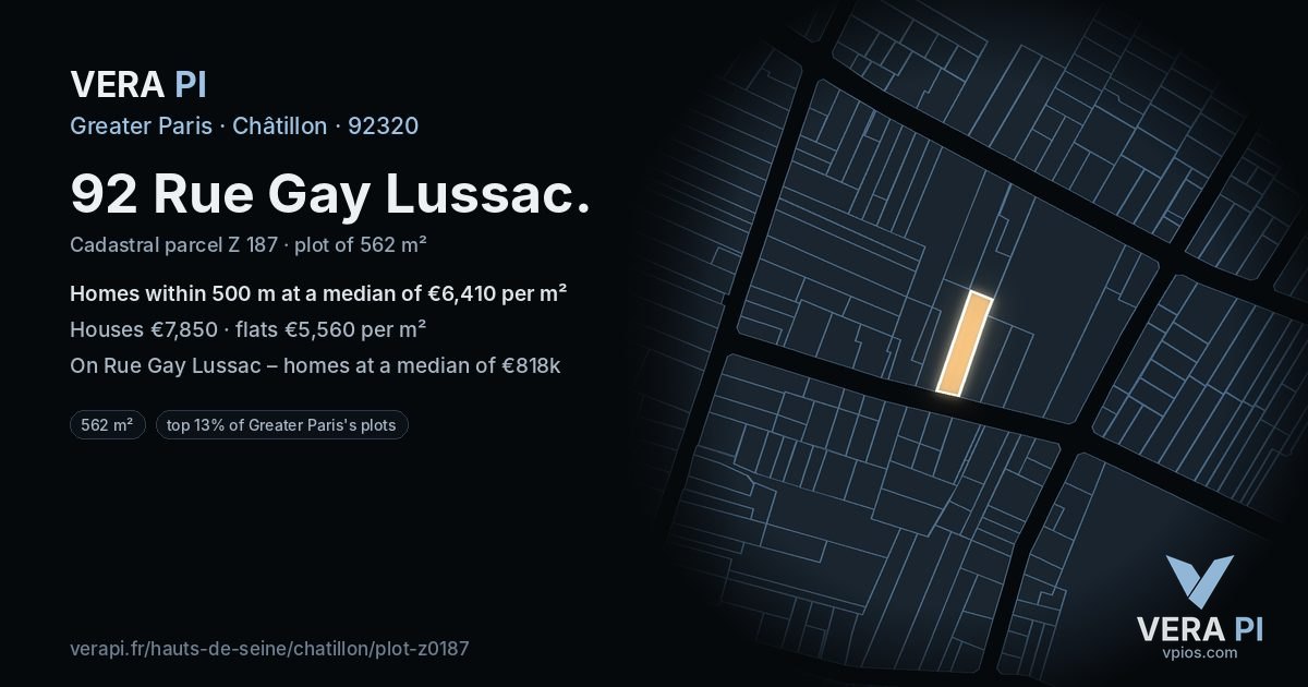 92 Rue Gay Lussac, Châtillon at night – the plot lit, the parcels around coloured by the prices near them
