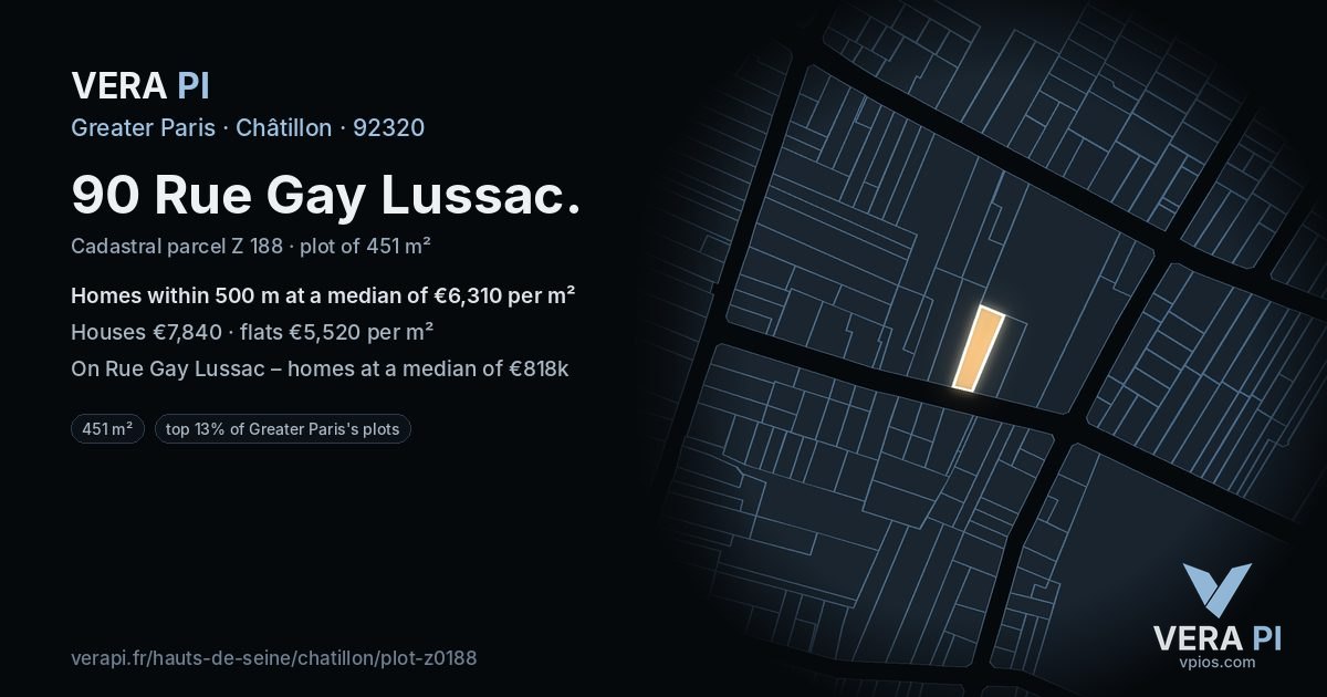 90 Rue Gay Lussac, Châtillon at night – the plot lit, the parcels around coloured by the prices near them