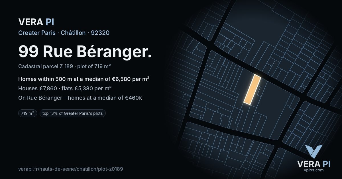 99 Rue Béranger, Châtillon at night – the plot lit, the parcels around coloured by the prices near them
