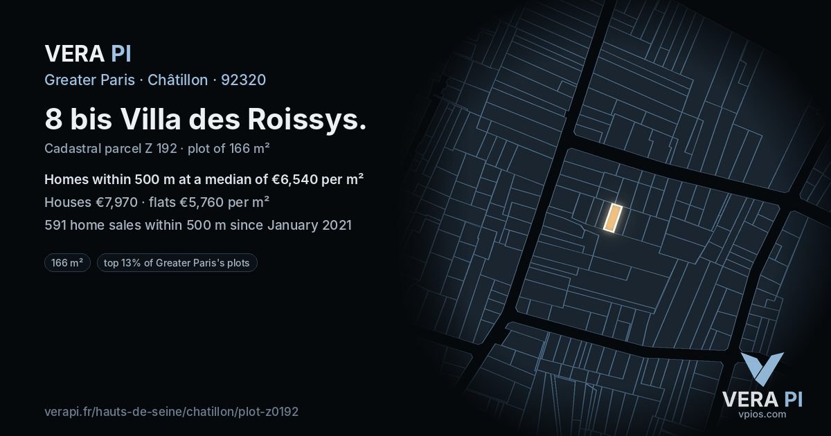 8 bis Villa des Roissys, Châtillon at night – the plot lit, the parcels around coloured by the prices near them