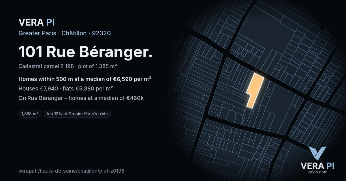 101 Rue Béranger, Châtillon at night – the plot lit, the parcels around coloured by the prices near them