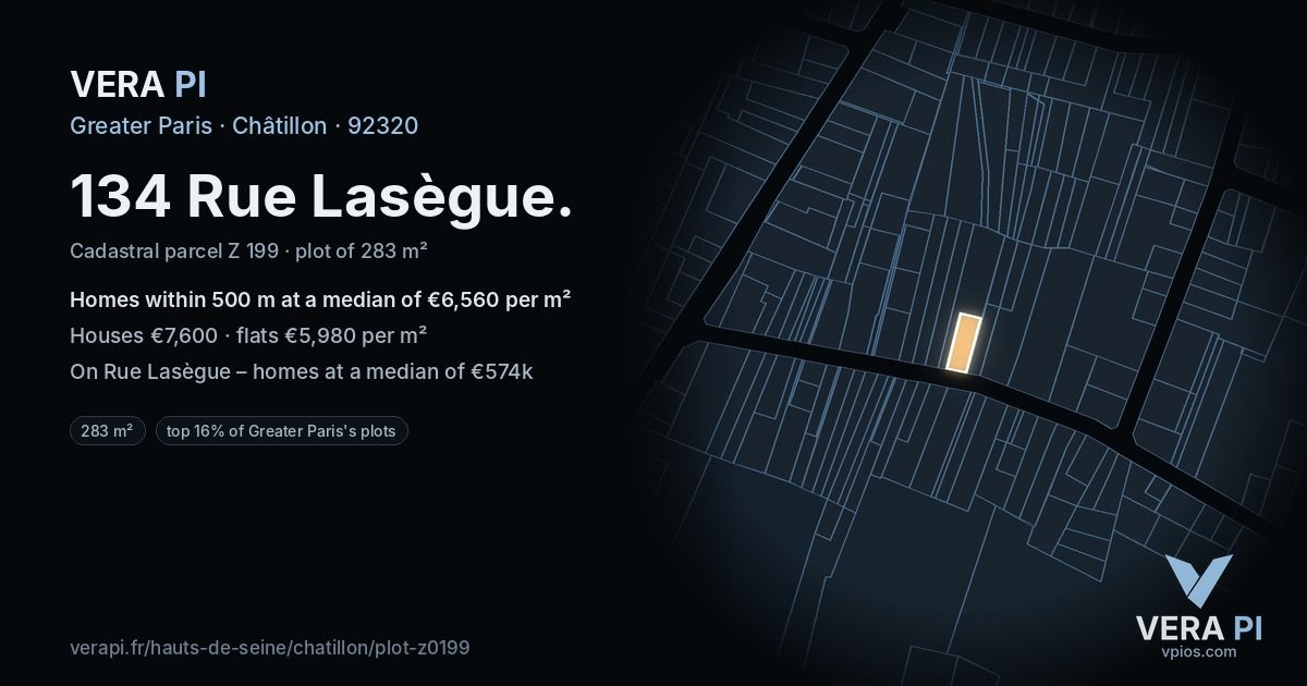 134 Rue Lasègue, Châtillon at night – the plot lit, the parcels around coloured by the prices near them
