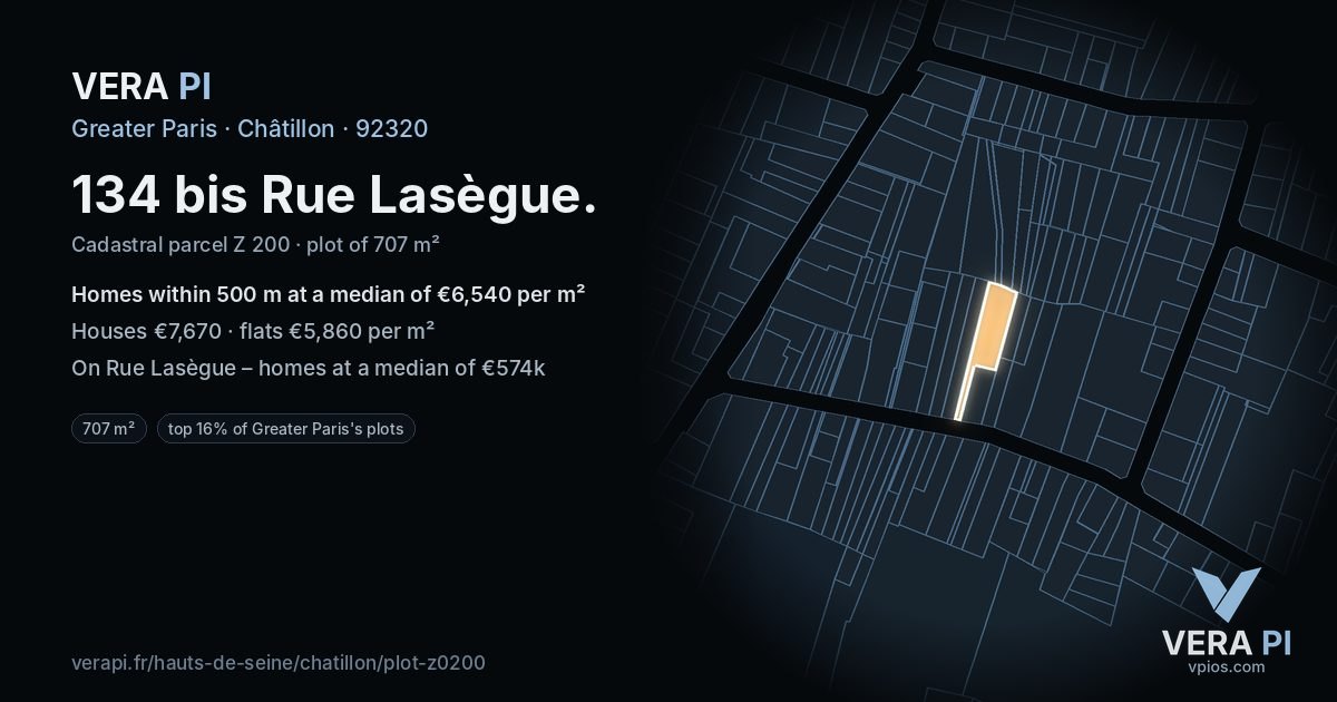 134 bis Rue Lasègue, Châtillon at night – the plot lit, the parcels around coloured by the prices near them