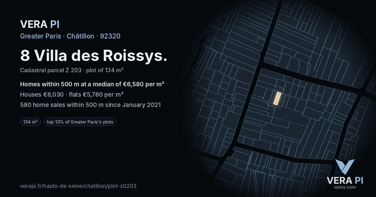 8 Villa des Roissys, Châtillon at night – the plot lit, the parcels around coloured by the prices near them