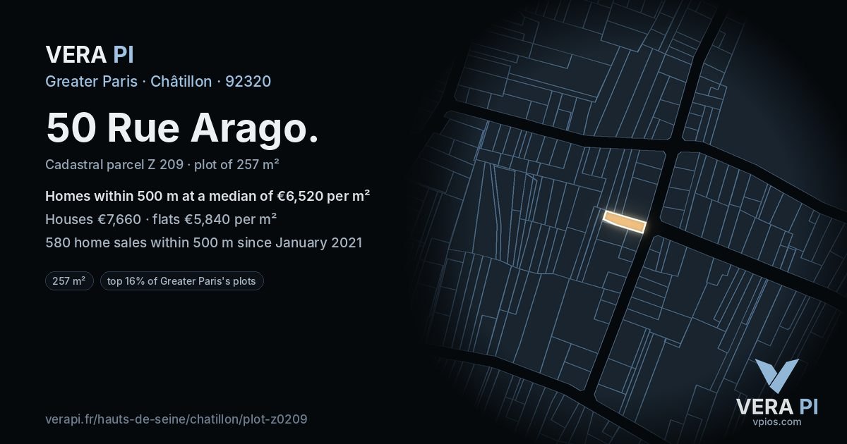 50 Rue Arago, Châtillon at night – the plot lit, the parcels around coloured by the prices near them