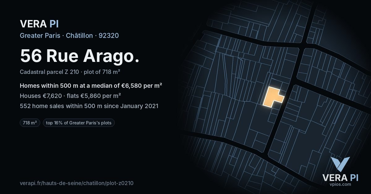 56 Rue Arago, Châtillon at night – the plot lit, the parcels around coloured by the prices near them
