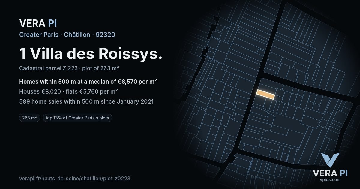 1 Villa des Roissys, Châtillon at night – the plot lit, the parcels around coloured by the prices near them