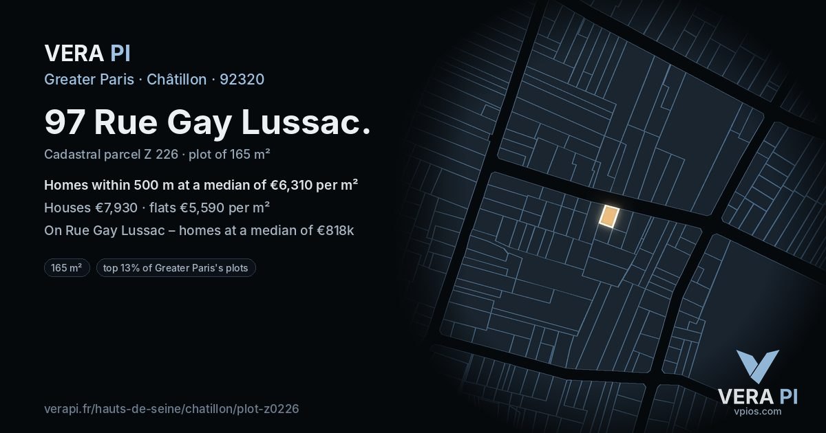 97 Rue Gay Lussac, Châtillon at night – the plot lit, the parcels around coloured by the prices near them