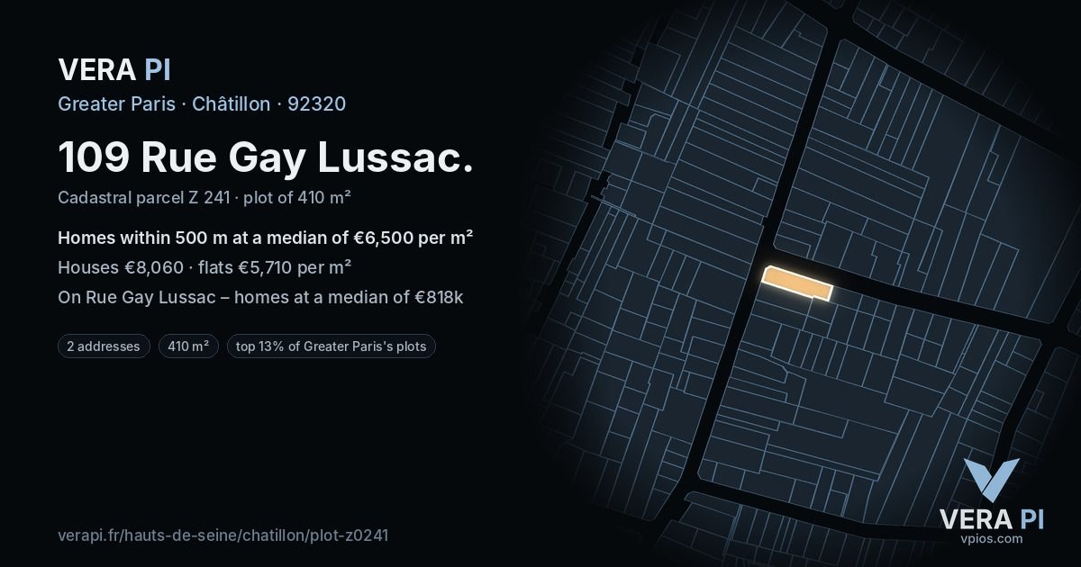 109 Rue Gay Lussac, Châtillon at night – the plot lit, the parcels around coloured by the prices near them