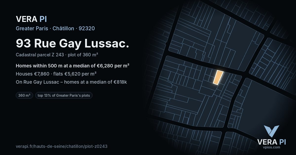 93 Rue Gay Lussac, Châtillon at night – the plot lit, the parcels around coloured by the prices near them