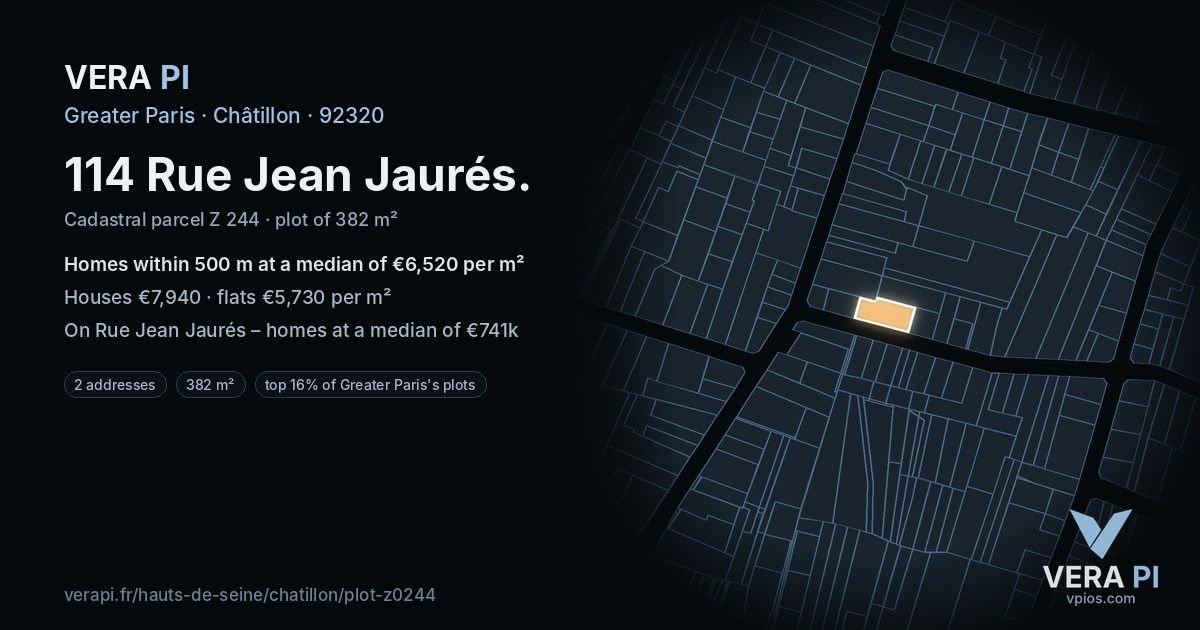 114 Rue Jean Jaurés, Châtillon at night – the plot lit, the parcels around coloured by the prices near them