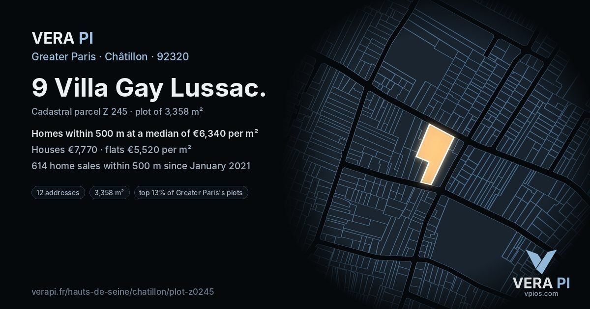 9 Villa Gay Lussac, Châtillon at night – the plot lit, the parcels around coloured by the prices near them