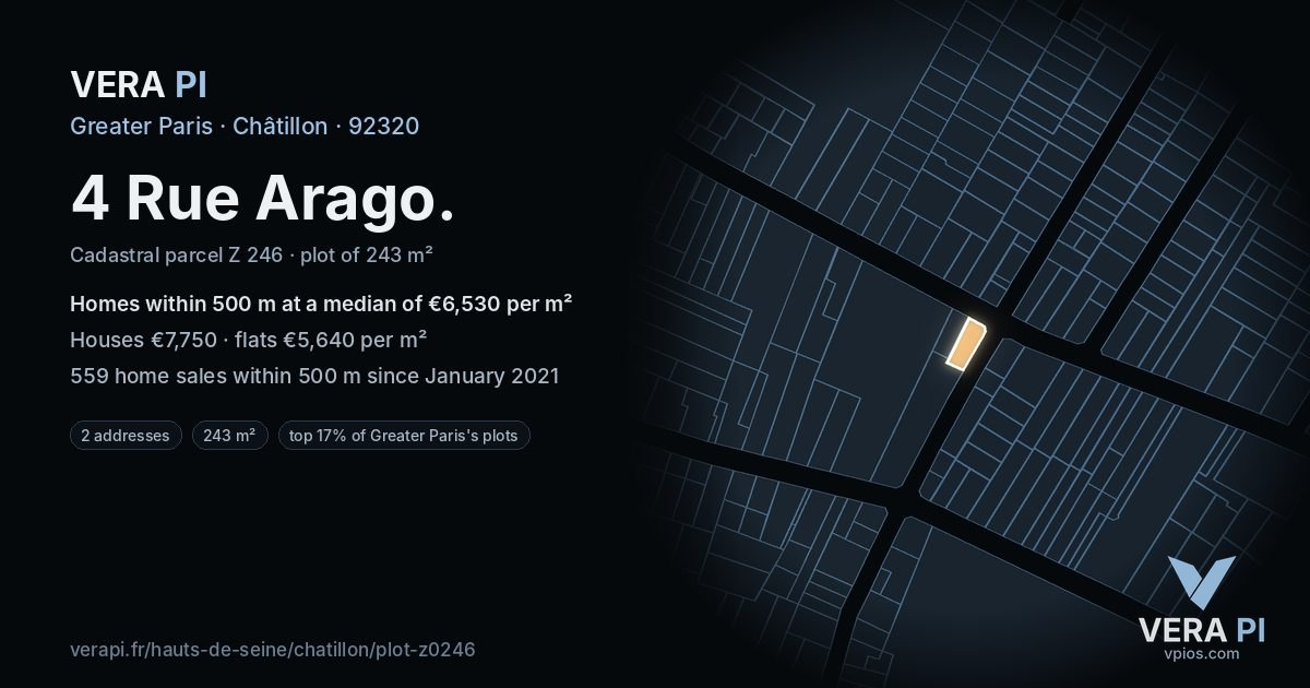 4 Rue Arago, Châtillon at night – the plot lit, the parcels around coloured by the prices near them