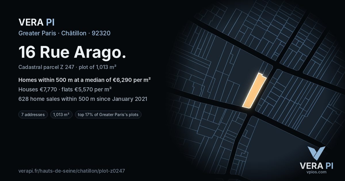 16 Rue Arago, Châtillon at night – the plot lit, the parcels around coloured by the prices near them