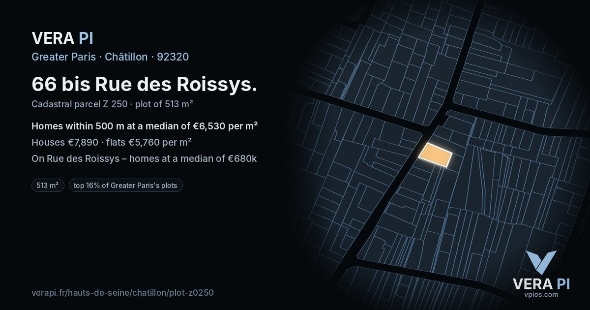 66 bis Rue des Roissys, Châtillon at night – the plot lit, the parcels around coloured by the prices near them