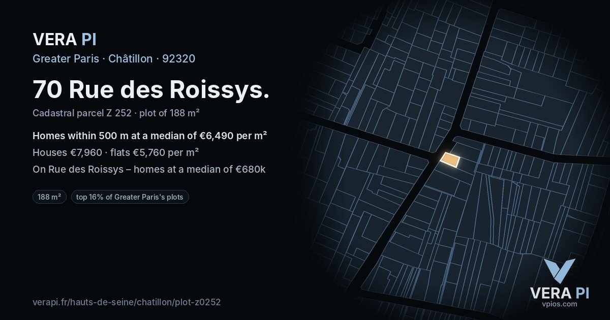 70 Rue des Roissys, Châtillon at night – the plot lit, the parcels around coloured by the prices near them