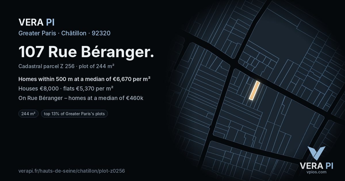 107 Rue Béranger, Châtillon at night – the plot lit, the parcels around coloured by the prices near them