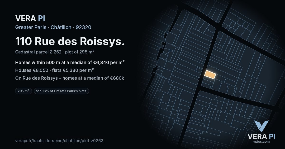110 Rue des Roissys, Châtillon at night – the plot lit, the parcels around coloured by the prices near them