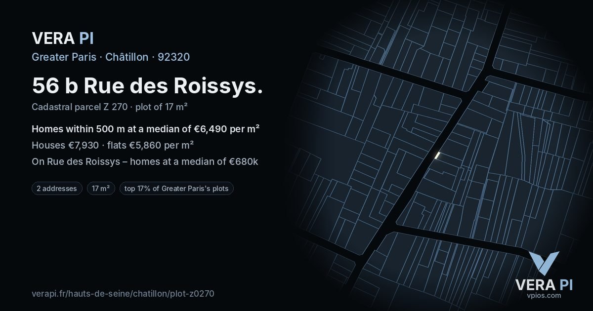 56 b Rue des Roissys, Châtillon at night – the plot lit, the parcels around coloured by the prices near them