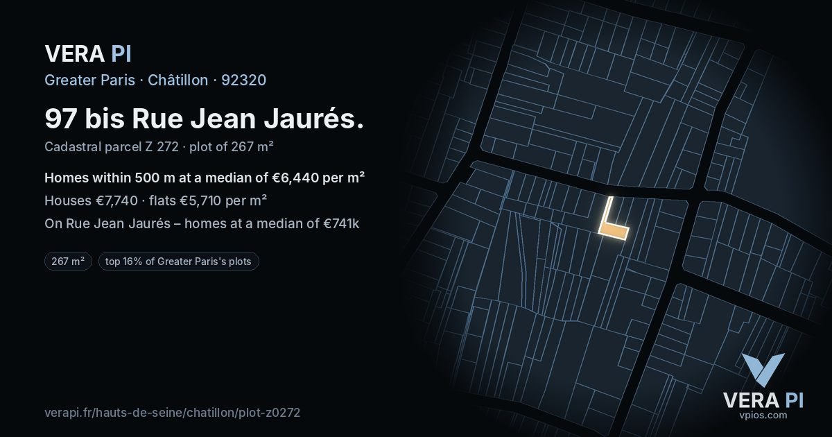 97 bis Rue Jean Jaurés, Châtillon at night – the plot lit, the parcels around coloured by the prices near them