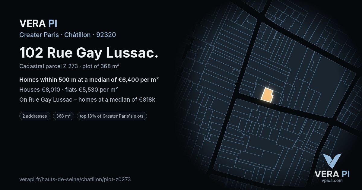 102 Rue Gay Lussac, Châtillon at night – the plot lit, the parcels around coloured by the prices near them