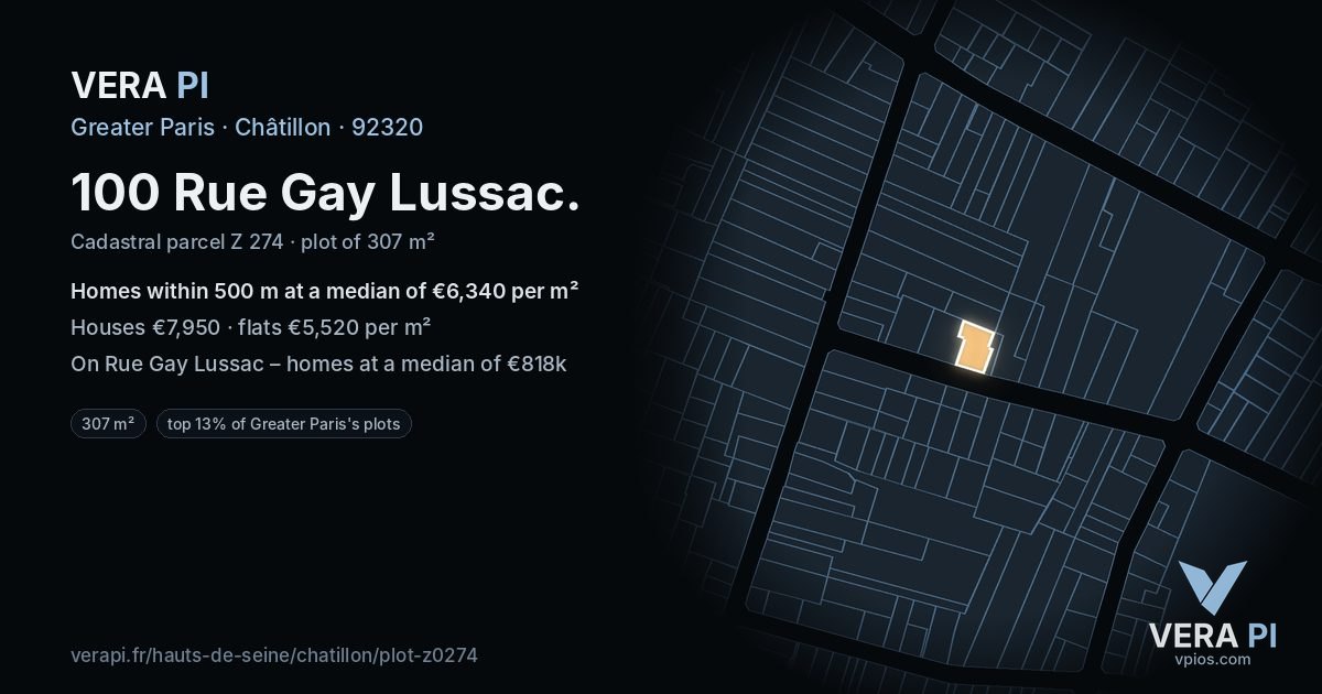 100 Rue Gay Lussac, Châtillon at night – the plot lit, the parcels around coloured by the prices near them