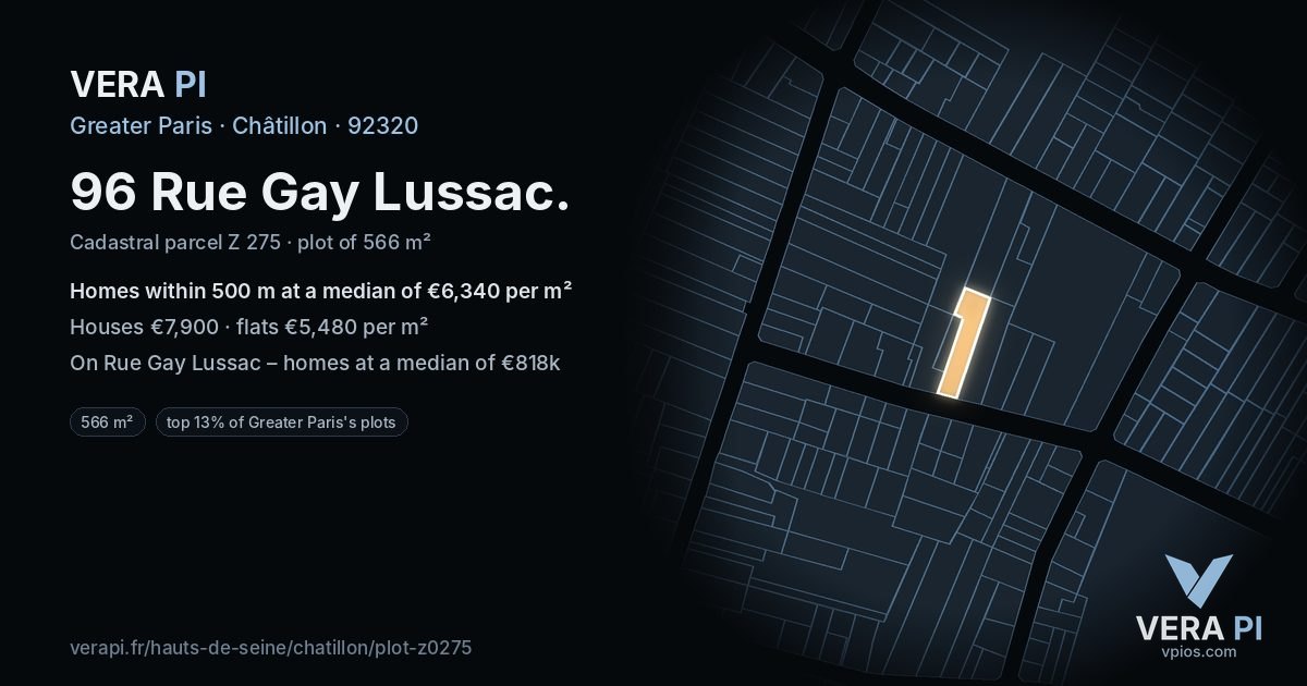 96 Rue Gay Lussac, Châtillon at night – the plot lit, the parcels around coloured by the prices near them