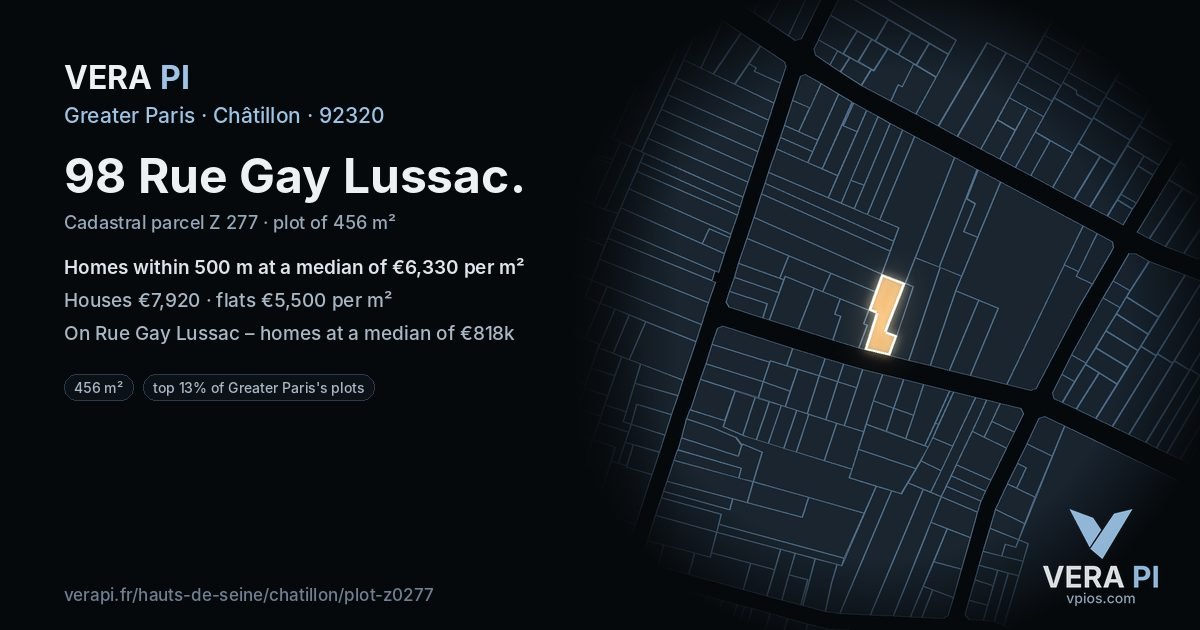 98 Rue Gay Lussac, Châtillon at night – the plot lit, the parcels around coloured by the prices near them