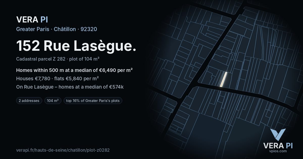 152 Rue Lasègue, Châtillon at night – the plot lit, the parcels around coloured by the prices near them