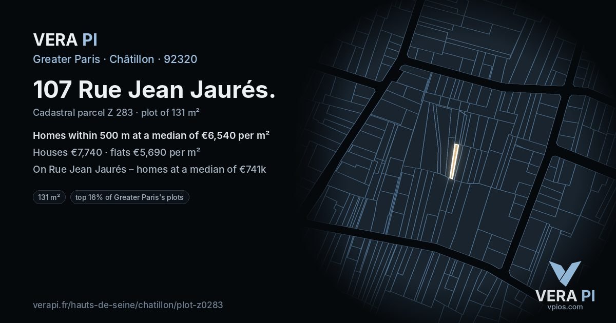 107 Rue Jean Jaurés, Châtillon at night – the plot lit, the parcels around coloured by the prices near them