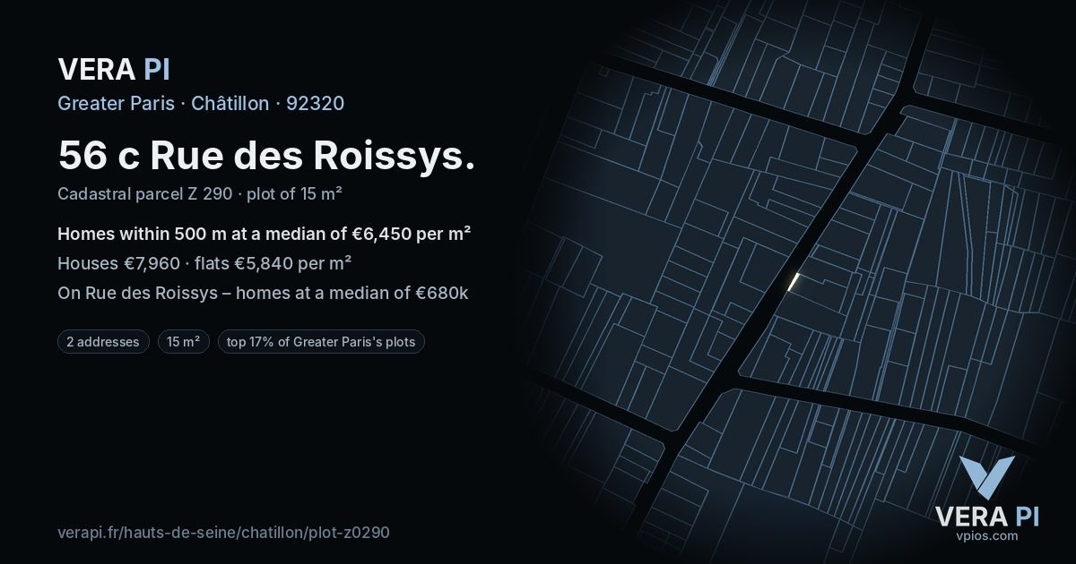 56 c Rue des Roissys, Châtillon at night – the plot lit, the parcels around coloured by the prices near them