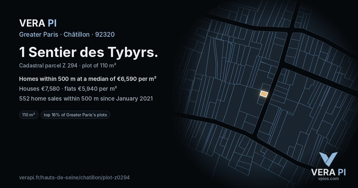 1 Sentier des Tybyrs, Châtillon at night – the plot lit, the parcels around coloured by the prices near them