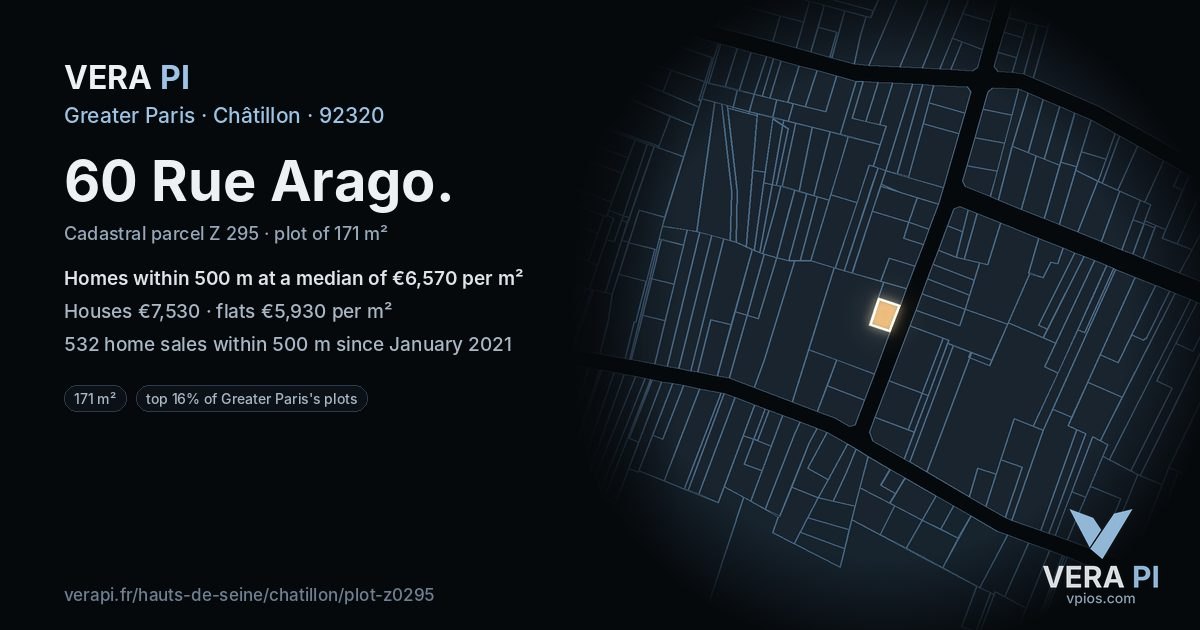 60 Rue Arago, Châtillon at night – the plot lit, the parcels around coloured by the prices near them