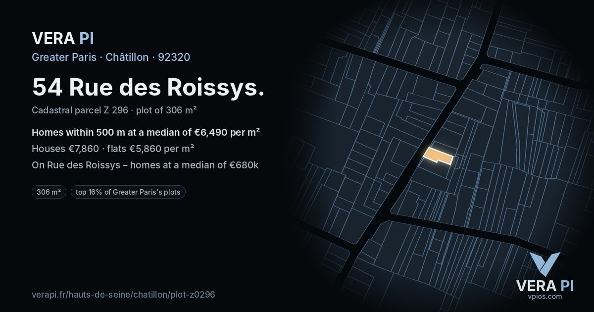 54 Rue des Roissys, Châtillon at night – the plot lit, the parcels around coloured by the prices near them
