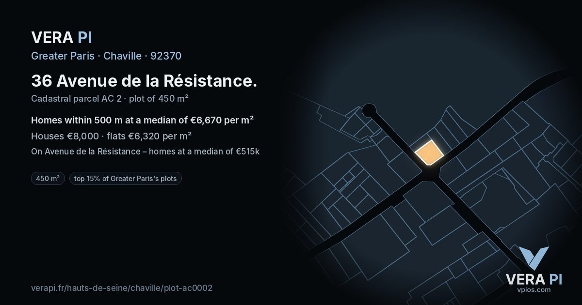 36 Avenue de la Résistance, Chaville at night – the plot lit, the parcels around coloured by the prices near them