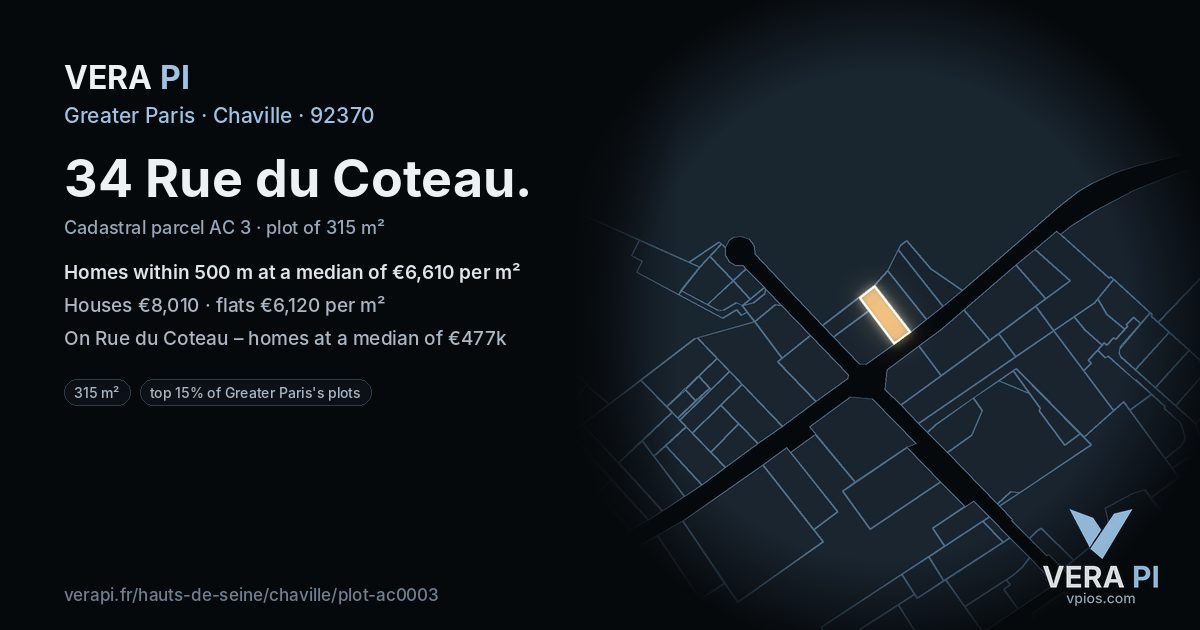 34 Rue du Coteau, Chaville at night – the plot lit, the parcels around coloured by the prices near them